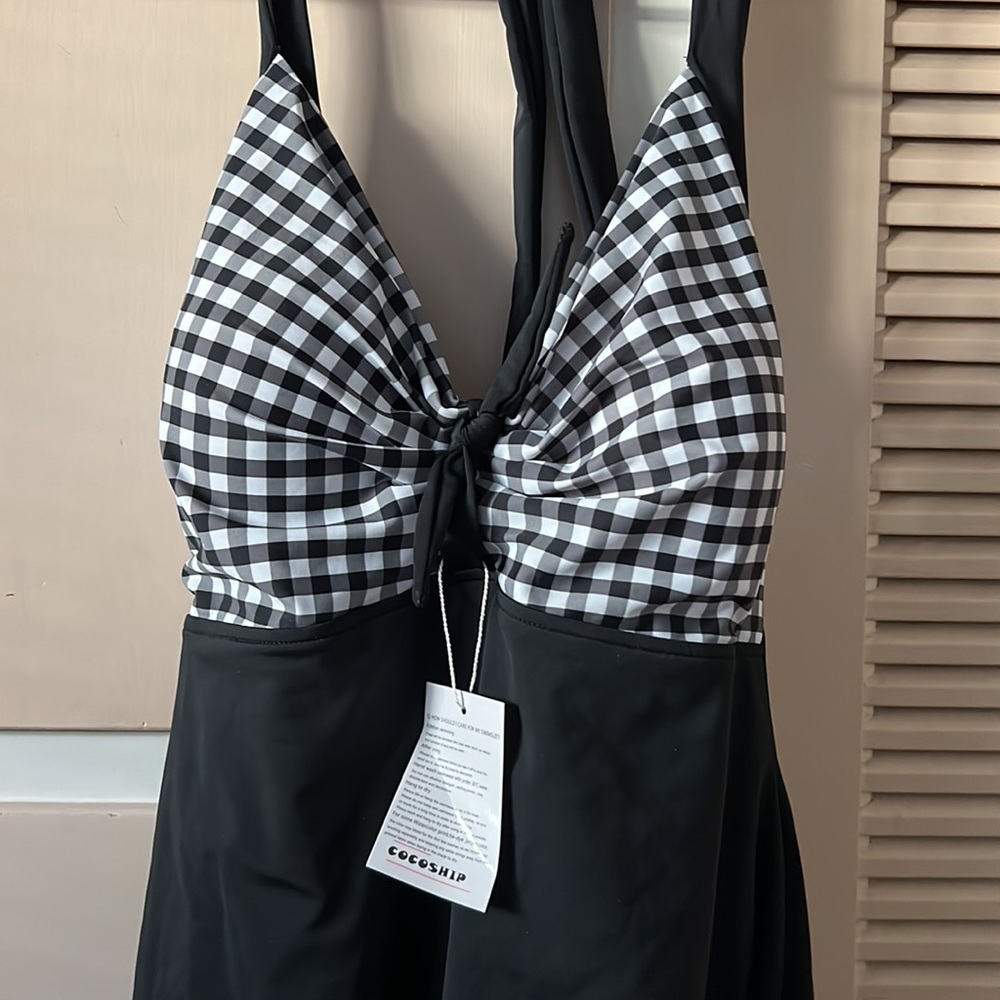 Cocoship Vintage inspired Gingham skirted bathing suit swimsuit black white 22